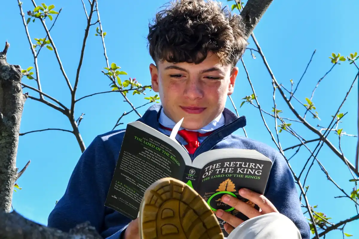 8th grade boy reads The Lord of the Rings in a tree