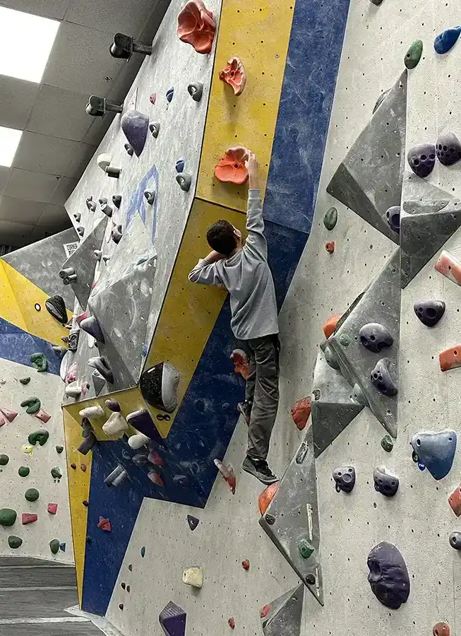 Boy on rock climbing wall